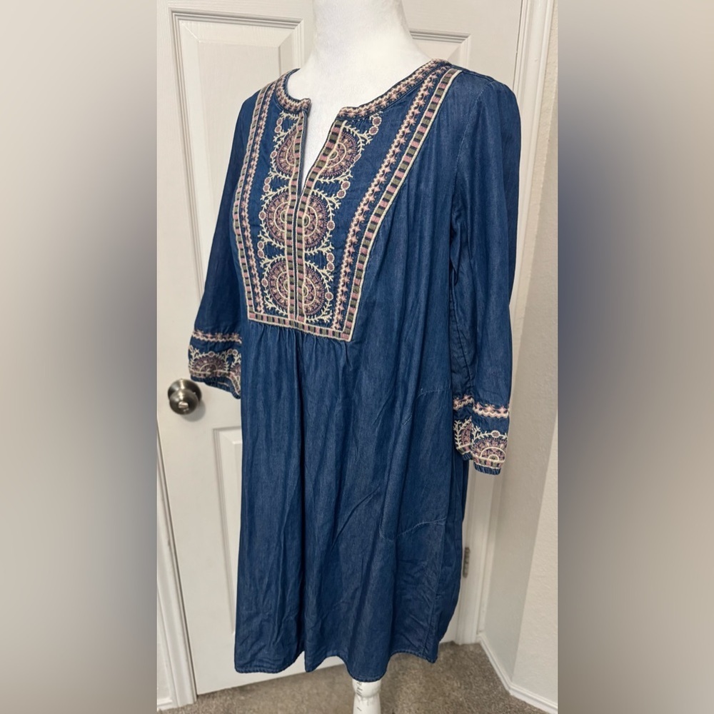 J. Jill Denim Embroidered Indigo A-Line Dress Size XSP